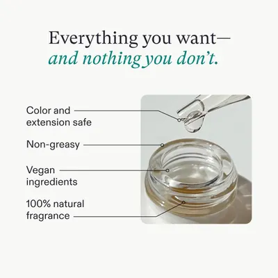 Highlights multiple key features and benefits of the product, such as being safe for hair, non-greasy, vegan, and having a natural fragrance.