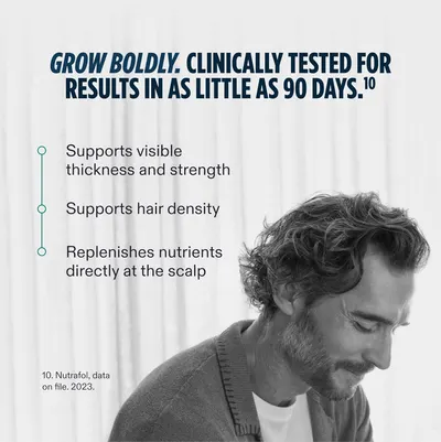 Highlights the product's clinically proven ability to promote visible hair growth, thickness, density, and nutrient delivery to the scalp within 90 days.