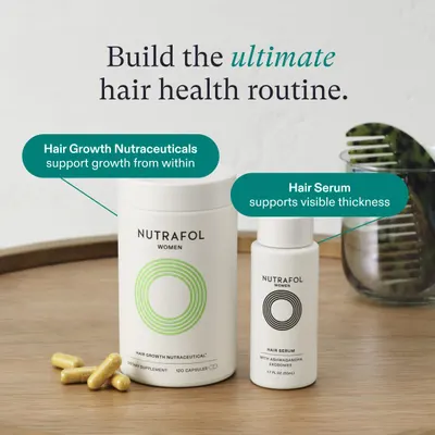Showcases the two key products and their respective benefits for promoting hair growth from within and increasing visible thickness.