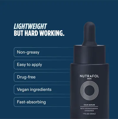 Highlights multiple key features and benefits of the hair serum product, such as being non-greasy, easy to use, drug-free, vegan, and fast-absorbing.