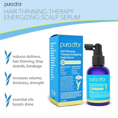 Showcases multiple benefits of the hair thinning therapy serum, including reducing hair thinning and breakage while increasing volume, thickness, strength, and shine.