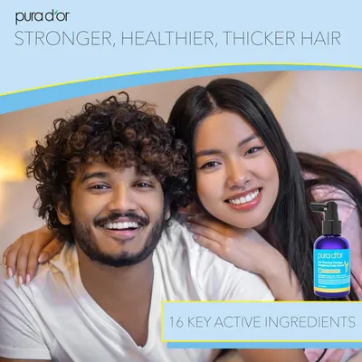 Highlights the product's key selling point of containing 16 active ingredients to promote stronger, healthier, and thicker hair.