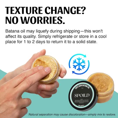 Explains how the product's texture may change during shipping but can be easily restored by refrigerating or mixing, reassuring customers about any perceived…
