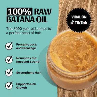 Highlights multiple benefits of the batana oil product for hair health, including preventing hair loss, nourishing roots, strengthening strands, and promoting…