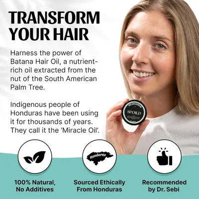 Highlights the key benefit of the Batana Hair Oil product being a nutrient-rich, natural, and ethically sourced oil that can transform hair.