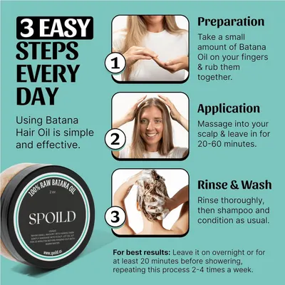 Explains the simple 3-step process for using the Batana Hair Oil product effectively, guiding customers on preparation, application, and rinsing.
