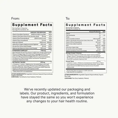 Reassures customers that despite updated packaging and labels, the product's ingredients and formulation remain the same, avoiding disruption to their hair health routine.