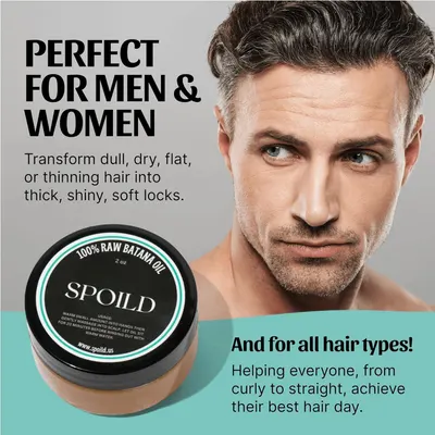 Highlights the product's ability to transform dull, dry, or thinning hair into thick, shiny, soft locks for both men and women with all hair types.