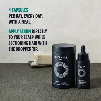 Explains how to properly use the hair growth supplement capsules and serum, including dosage and application method.