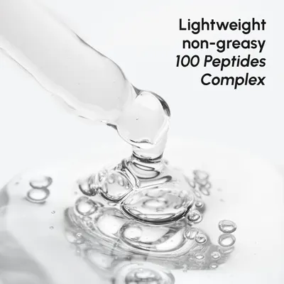 Highlights the key features of the product being lightweight, non-greasy, and containing a 100 peptides complex to showcase its benefits.