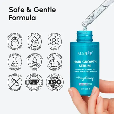 Highlights the product's gentle and safe formula by showcasing various certifications and lack of potentially harmful ingredients.