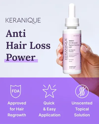 Highlights multiple key features and benefits of the hair regrowth product, including its FDA approval, easy application, and unscented formula.