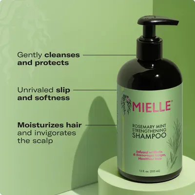 Highlights multiple benefits of the shampoo including gentle cleansing, protecting hair, providing slip and softness, and moisturizing/invigorating the scalp.