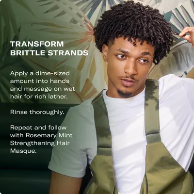 Explains how to use the product to transform brittle hair strands and achieve rich lather and strengthening benefits.