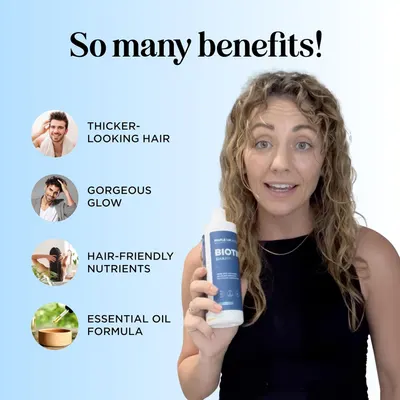 Showcases multiple benefits of the hair product such as thicker hair, glowing appearance, nourishing ingredients, and essential oil formula.