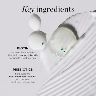 Highlights the key ingredients biotin and prebiotics to showcase the product's benefits for healthy and stronger hair.