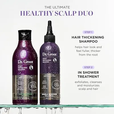 Showcases the two-step hair care system and highlights the key benefits of each product - thickening hair from the roots and exfoliating/moisturizing the scalp.