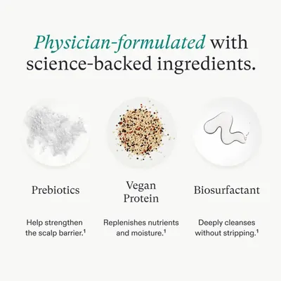 Highlights the key ingredients and their respective benefits for strengthening scalp barrier, replenishing nutrients/moisture, and deep cleansing without stripping.
