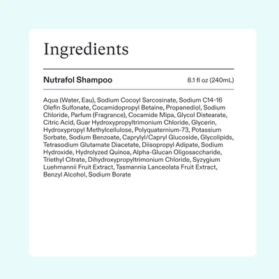 Provides transparency by listing all the ingredients contained in the Nutrafol Shampoo product.