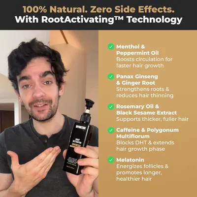Highlights the multiple natural ingredients and their respective benefits for promoting hair growth, thickness, and reducing hair thinning and DHT.