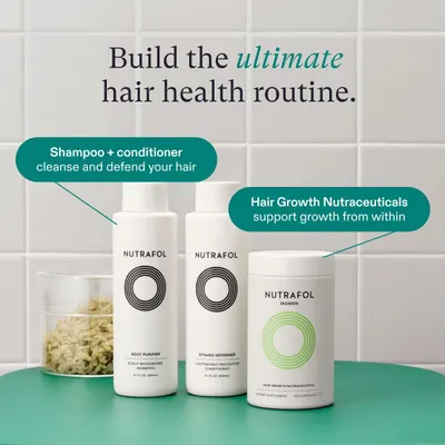 Shows the complete hair care system included when purchasing the product, highlighting the shampoo, conditioner, and supplements that work together for hair health.