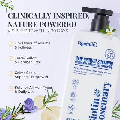 Highlights multiple key features and benefits of the hair growth shampoo, such as promoting visible growth, adding volume, being free of harsh ingredients,…