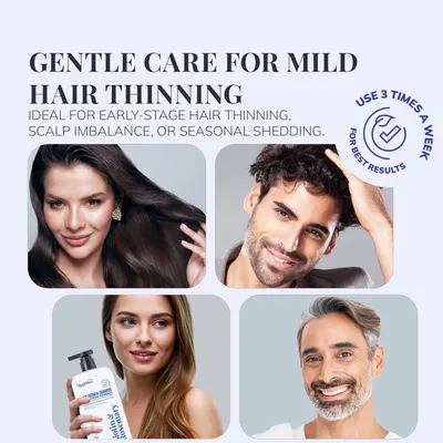 Highlights the product's ability to gently address mild hair thinning, scalp imbalance, or seasonal shedding.