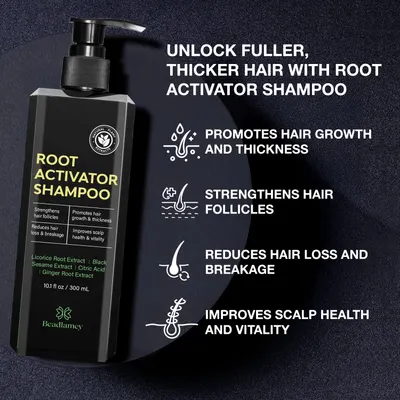 Highlights multiple benefits of the shampoo product, including promoting hair growth, strengthening follicles, reducing hair loss, and improving scalp health.