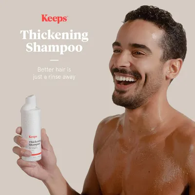 Highlights the product's ability to thicken hair and deliver better hair with just one rinse.