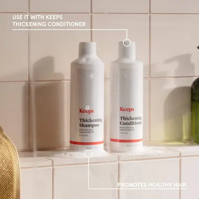 Showcases the thickening shampoo and conditioner products, highlighting their key ingredients biotin and saw palmetto to promote healthy hair.
