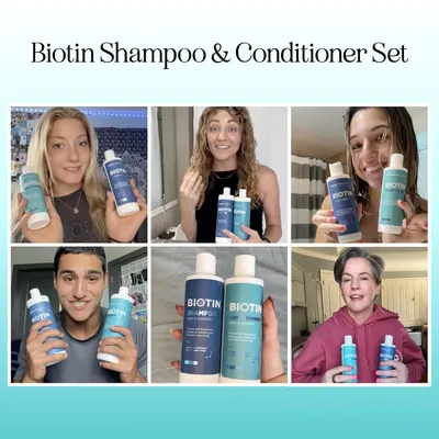 Showcases real customers using and holding the shampoo and conditioner products to build authenticity and social proof.