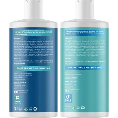 Shows the shampoo and conditioner products included in the hair care set, highlighting their key ingredients and benefits for fine, thinning hair.