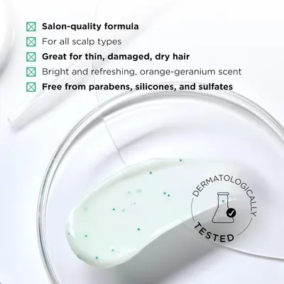 Highlights multiple key features and benefits of the hair product to appeal to customers looking for a high-quality, effective, and safe formula for various hair and scalp types.