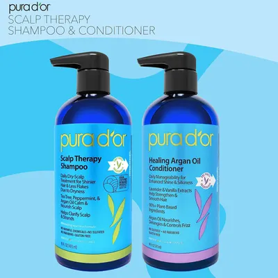 Highlights the multiple benefits and key features of the shampoo and conditioner products for scalp health, hair manageability, and using natural ingredients.
