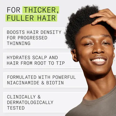 Highlights multiple key benefits of the hair product, including increasing hair thickness and density, providing hydration, and using proven ingredients to…