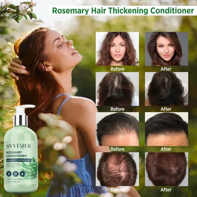 Visually demonstrates the hair thickening and volumizing effects of using the rosemary conditioner by showing before and after photos.