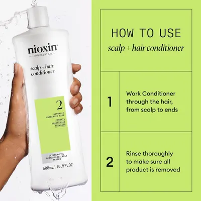 Provides step-by-step instructions on how to properly use and apply the scalp and hair conditioner product.