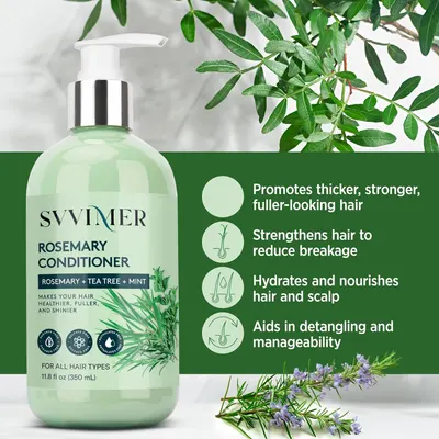 Highlights multiple benefits of the rosemary conditioner for healthier, fuller, and shinier hair.