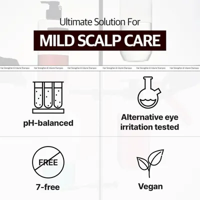 Highlights multiple beneficial features of the mild scalp care product, including being pH-balanced, eye irritation tested, free from certain chemicals, and…