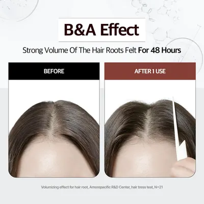 Visually demonstrates the volumizing effect of the product on hair roots by showing a before and after comparison.
