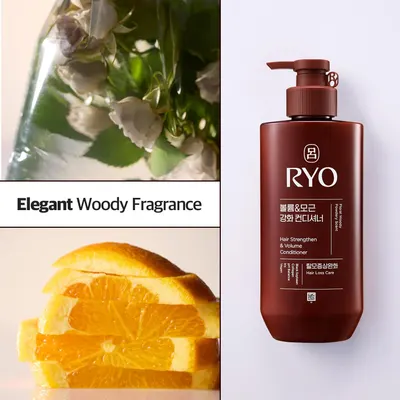 Highlights multiple benefits of the hair conditioner product, including strengthening hair, adding volume, and addressing hair loss.