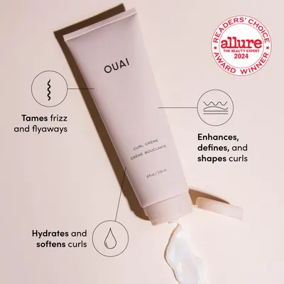 Highlights multiple benefits of the curl cream product for curly hair, including frizz control, curl definition, hydration, and softening.