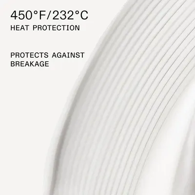 Highlights the product's ability to withstand high temperatures up to 450°F/232°C and protect against breakage.