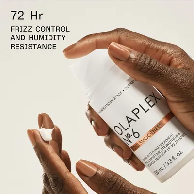 Highlights the product's ability to control frizz and resist humidity for up to 72 hours.
