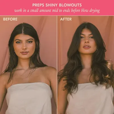 Demonstrates the effectiveness of a hair product by showing the transformation from flat, dull hair to shiny, voluminous hair after using the product.
