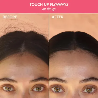 Visually demonstrates the product's effectiveness in controlling and smoothing flyaway hair.