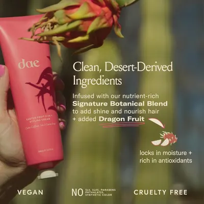 Highlights the key ingredients and benefits of the hair product, emphasizing its natural, desert-derived formula enriched with botanicals and dragon fruit to…