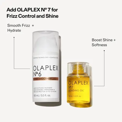 Showcases the key benefits of two different hair care products - one for smoothing and hydrating, and the other for boosting shine and softness.