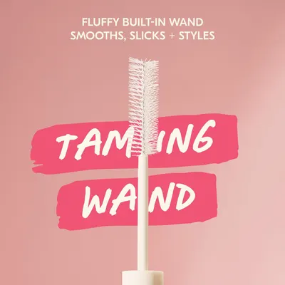 Highlights the key feature of the product - a built-in fluffy wand that can smooth, slick, and style hair.