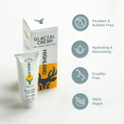 Highlights multiple key features and benefits of the glacial cream product, including being free of certain chemicals, providing hydration and nourishment,…